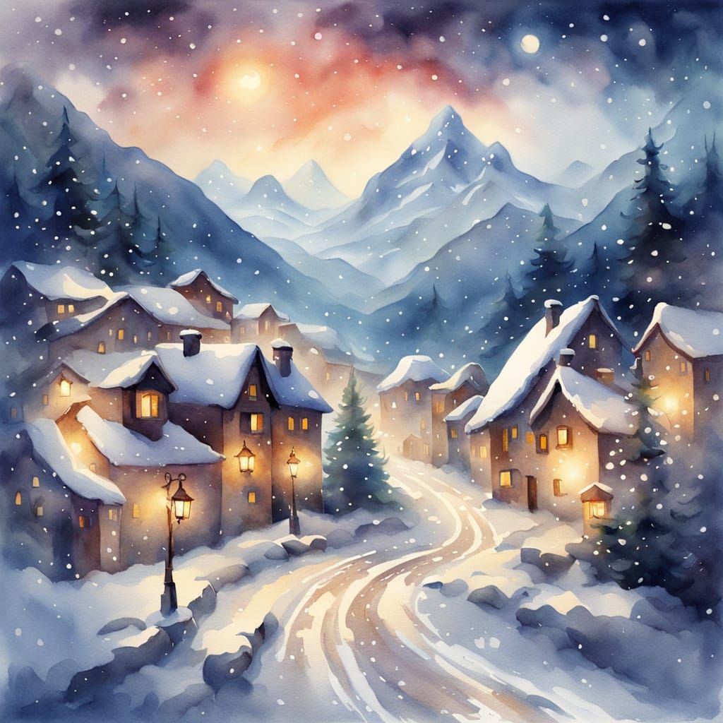 Watercolor painting, brush strokes, wet brush. A snowy alpine village glowing with lanterns at night. The surrounding mountains are shrouded...