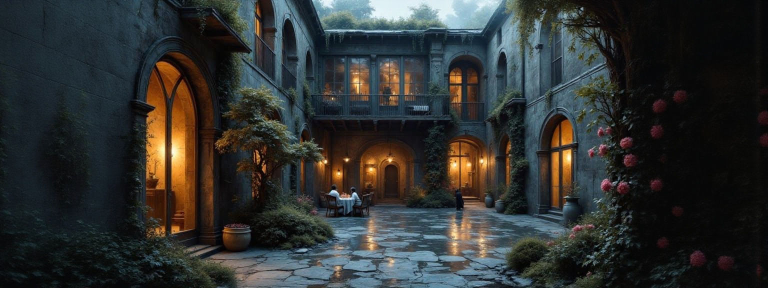 Biophilic Brutalist Courtyard with Yakuza in Impasto Style