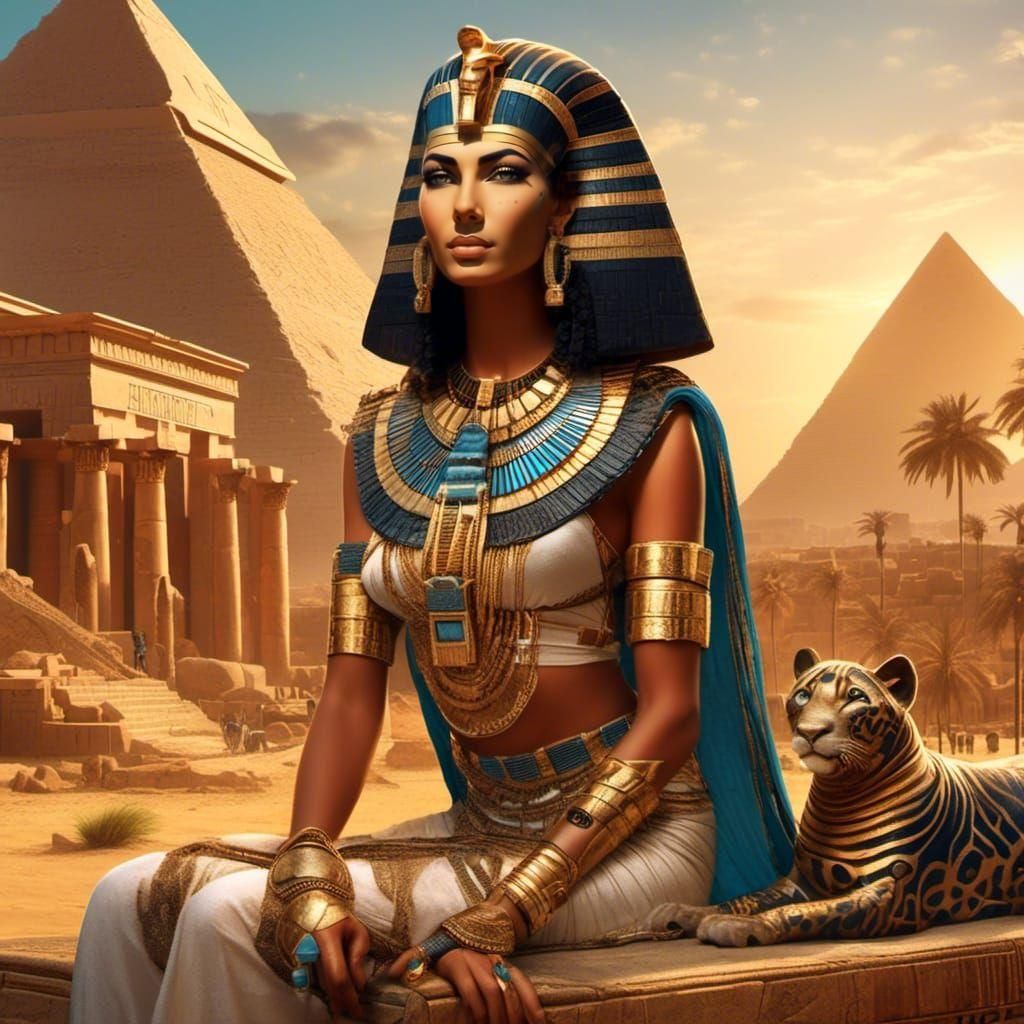 <lora:Female WarriorVerse:1.0> Cleopatra lying on lounge bed, ancient Egyptian symbols, winking and provocative, temples and pyramids backgr...