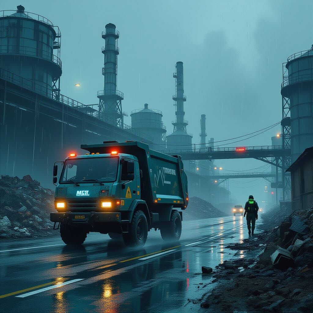 A trash collecting futuristic vehicle drives on the road in a postapoclyptic future. It's dark and raining. The scenery is at a recycling pl...