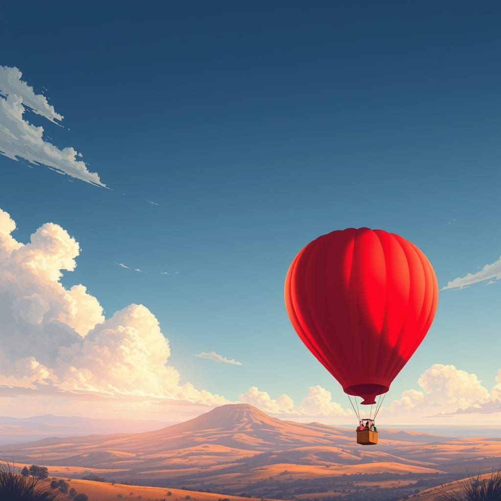 A digital illustration A distance view of a single red balloon flying in the air with a background that's ...  by @Mthatha CHUMA 