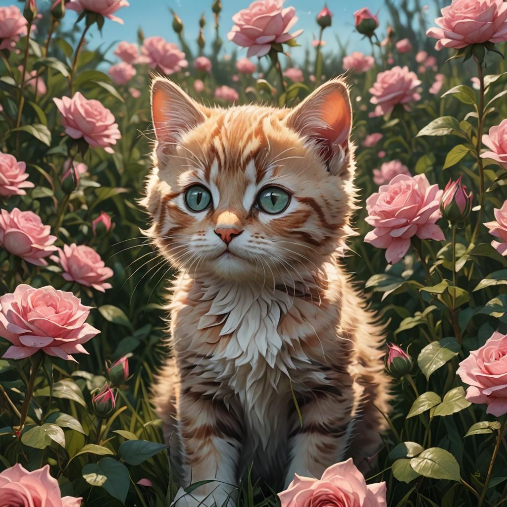 Kitten playing in a large grassy rose field