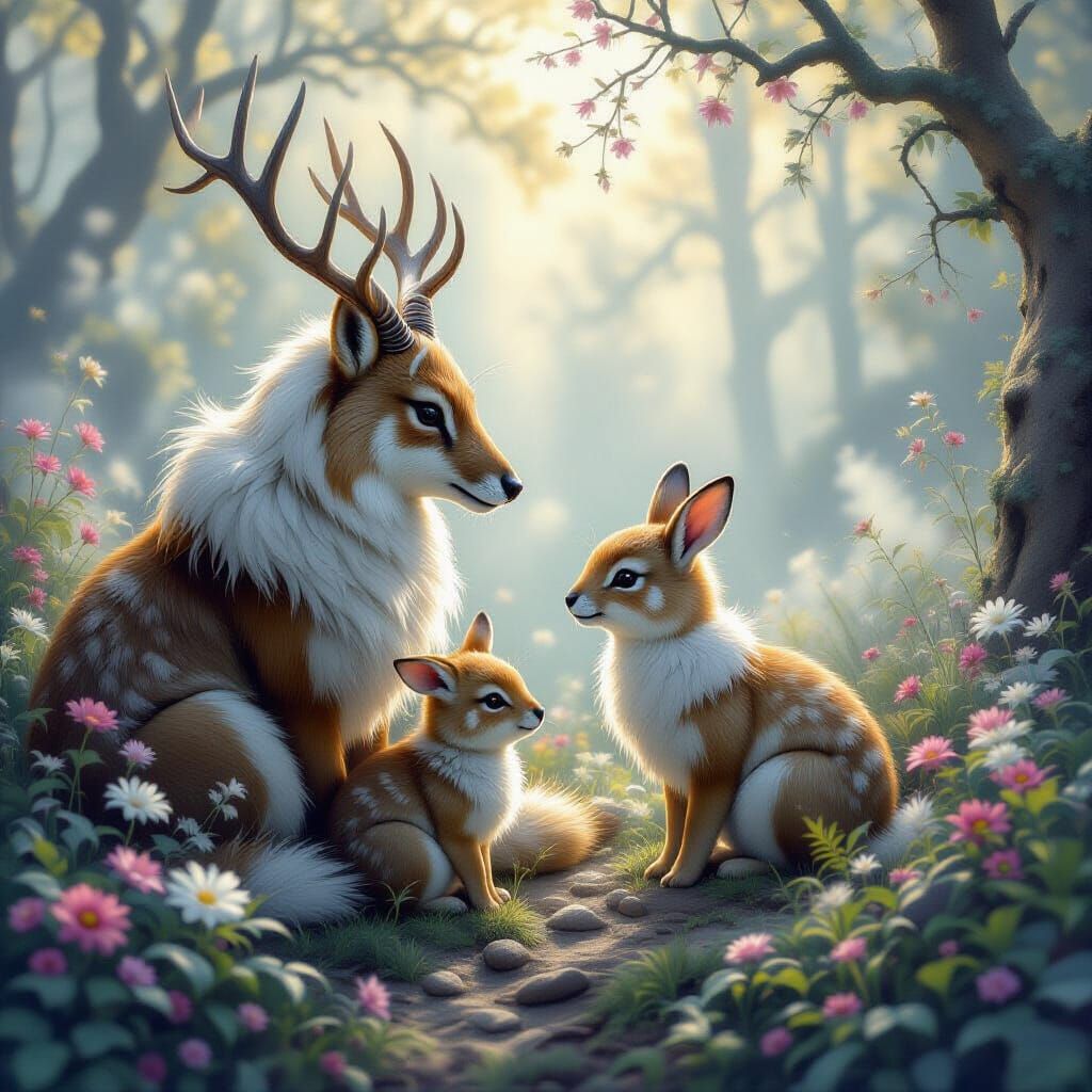 Animals in Ethereal Mist: A Whimsical Fantasy Scene