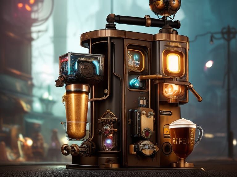 Insanely detailed photograph of a Cute Lovely Steampunk Cyber Galaxy Caffee Machine by Ismail Inceoglu, ... false