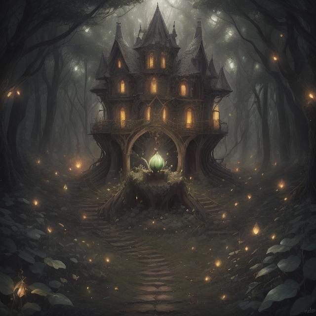 Shadow cloaked spritely fairies huddled around a glowing melon in a dark sinister forest glade effervescent fireflies <lora:Faetalmora:1.0> 