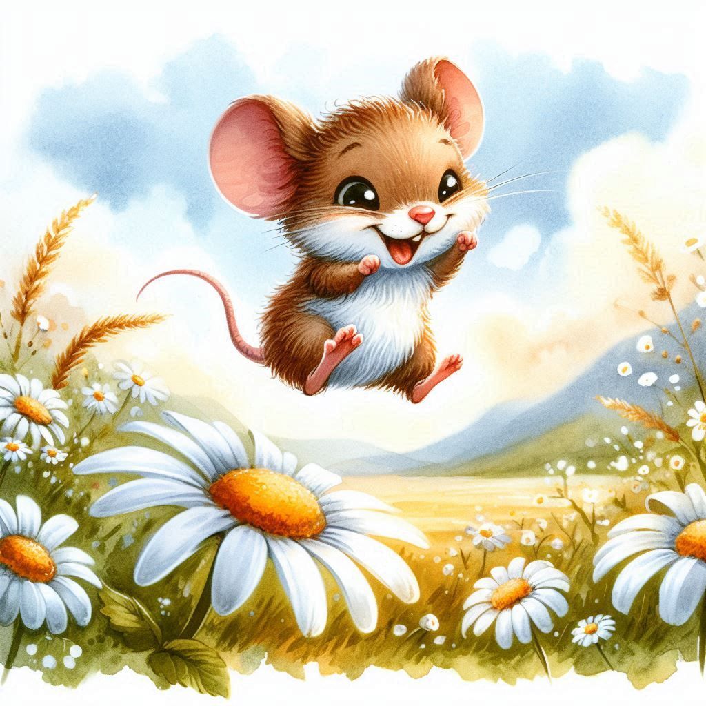 A happy field mouse leaps over a daisy in a watercolor lands...