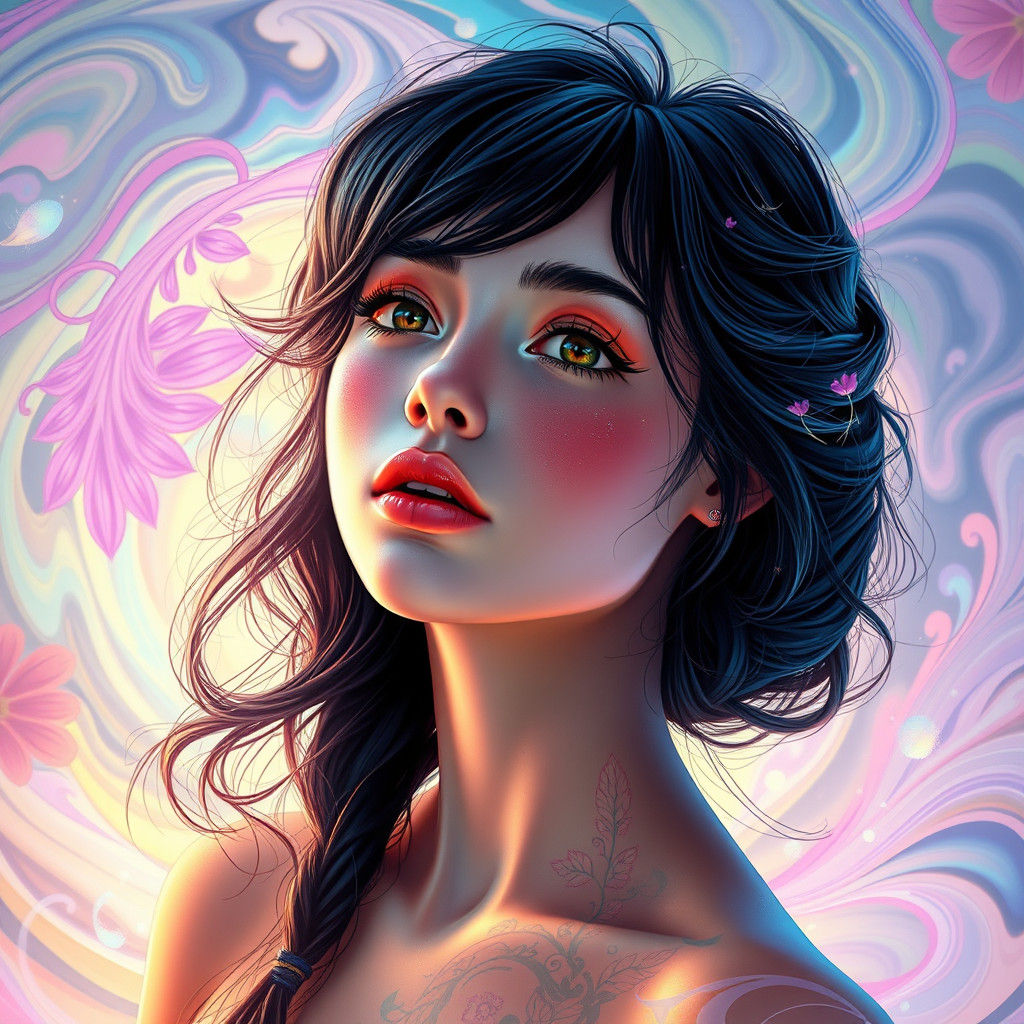 Dreamy Portrait of Woman in Tropical Art Nouveau Style