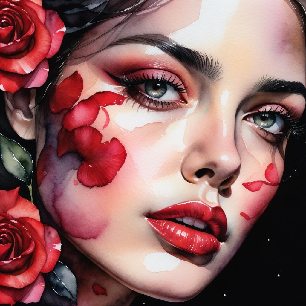 Watercolor Portrait of Heartbroken Woman with Rose Petals