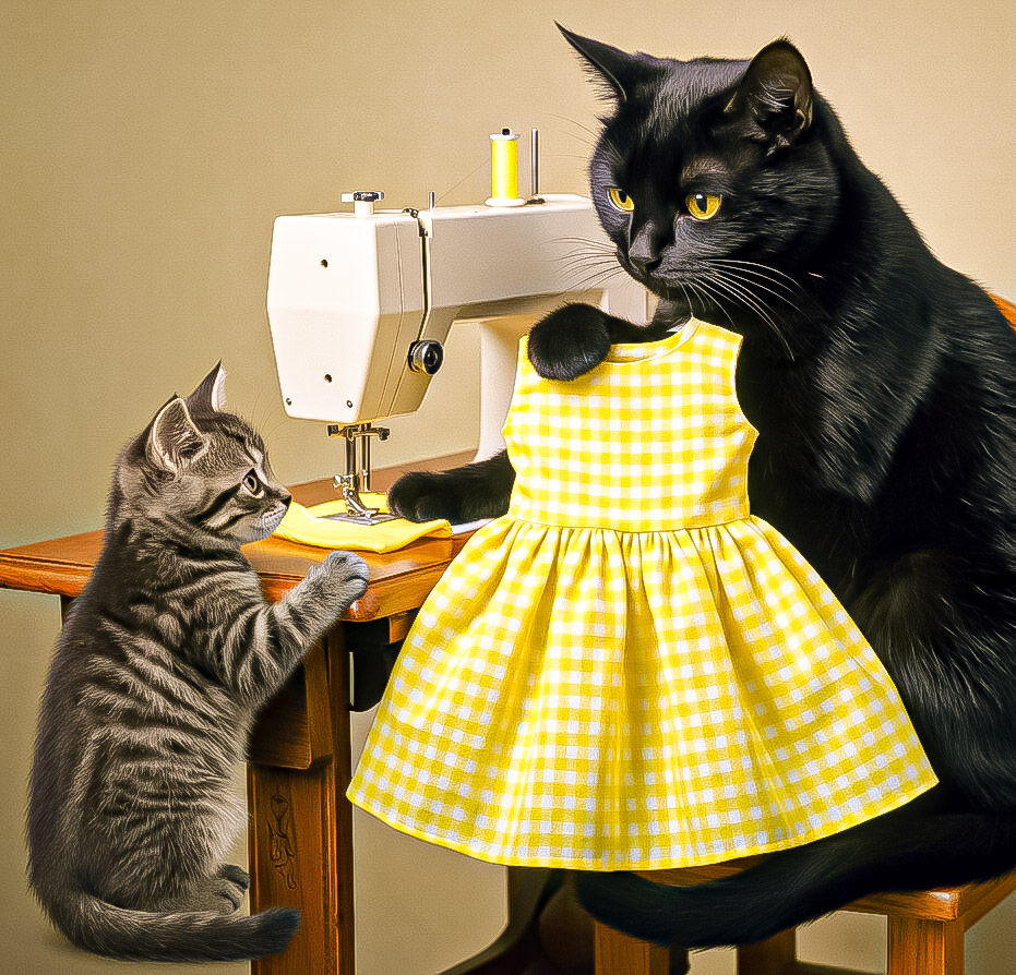 Black Mother Cat Sewing Dresses for Her Kittens