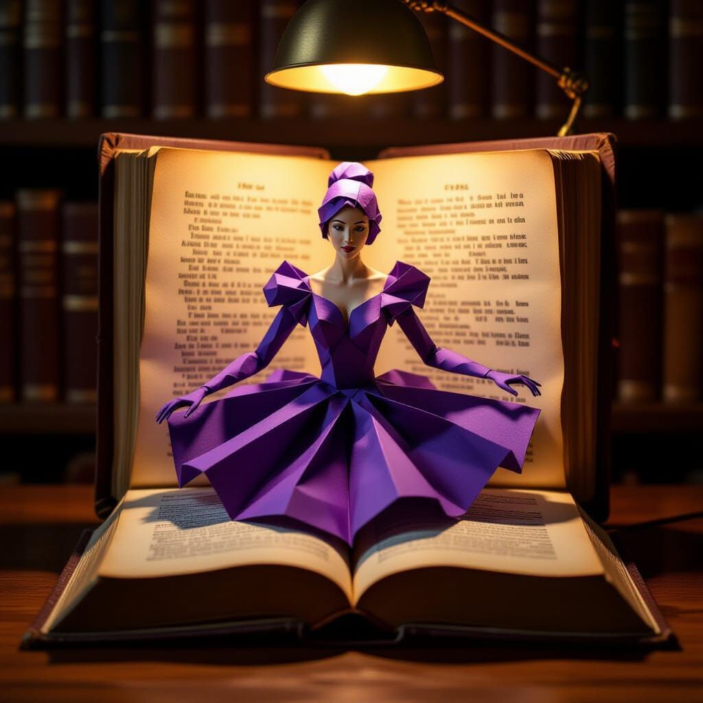 Purple Paper Woman Emerges from Old Book