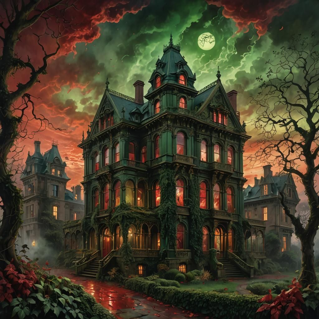 Haunted Victorian Mansion
A grand Victorian mansion standing tall under a blood-red sky. Broken windows reveal swirling ghostly mist. The ho...