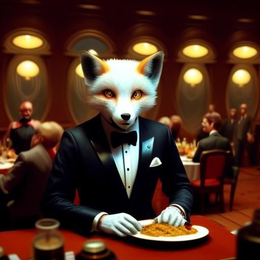 <lora:Star Scream SD15:0.7> 
 An anthropomorphic fox wearing a tuxedo at a dinner party. Retro Sci-Fi movie scene. 