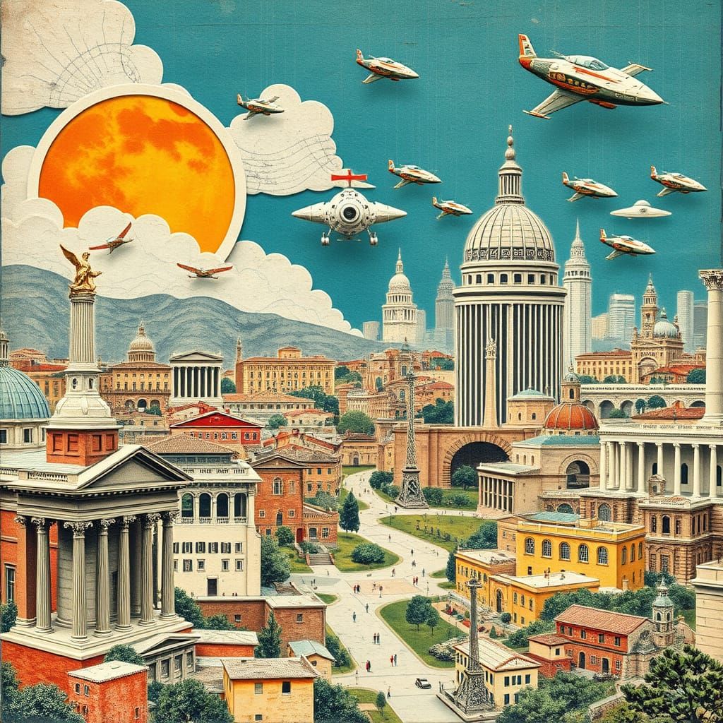 For the "In Another Timeline" challenge, a paper collage made of stamps and postcards depicting scenes ...  by @Maria Simoes Coelho