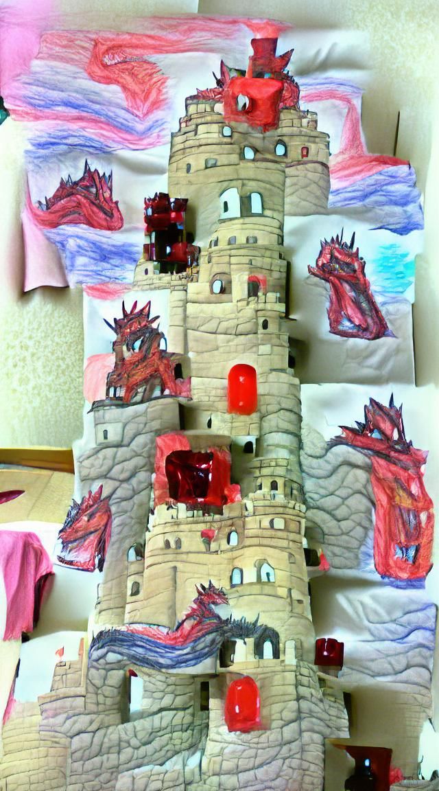Drawing of castle tower with red dragon
