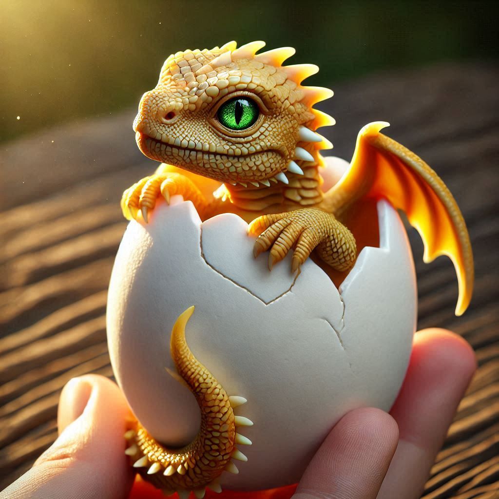 an adorable, golden scaled baby dragon poking its head out of it egg