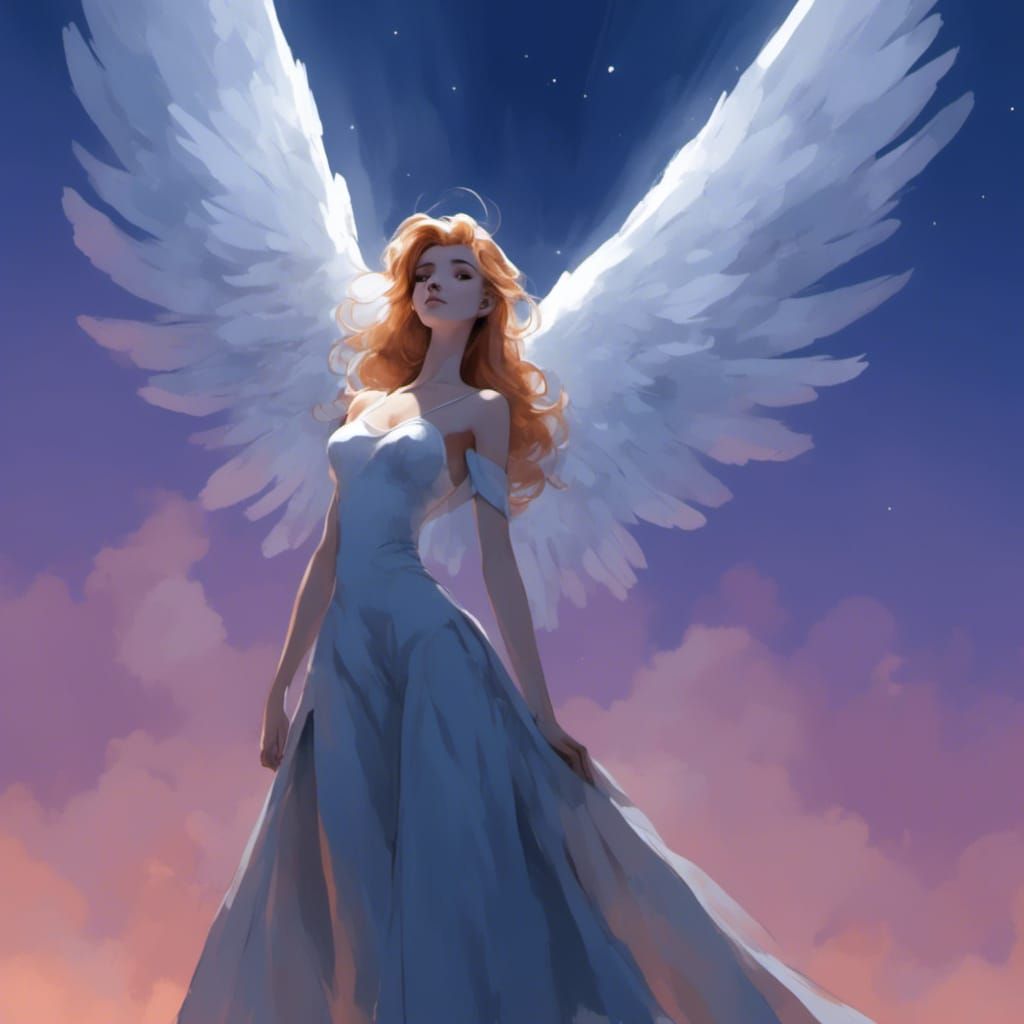 A pretty angel with her wings wide.
