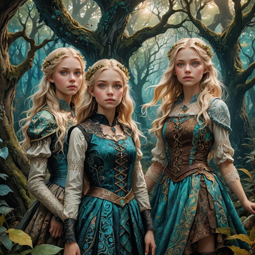 Mystical Forest: Three Girls in Fantasy Art Style