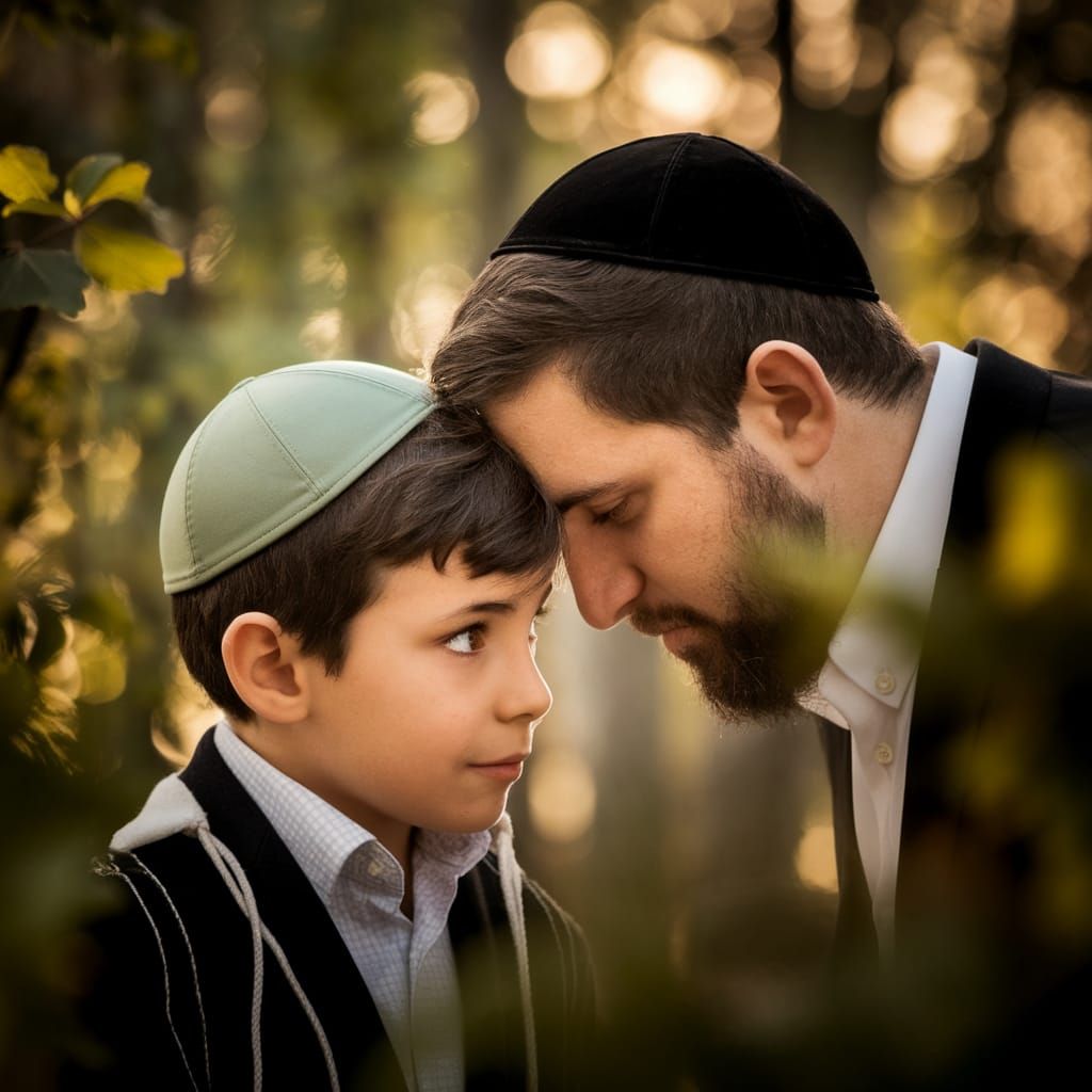 Sage Green Kippah Boy Searches for Father in Forest