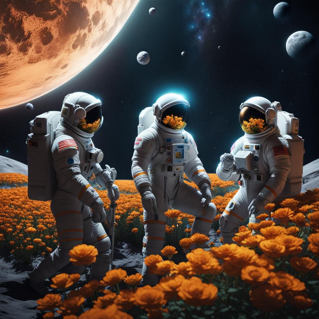 Three women in spacesuits tending to the flowers in a geodes...