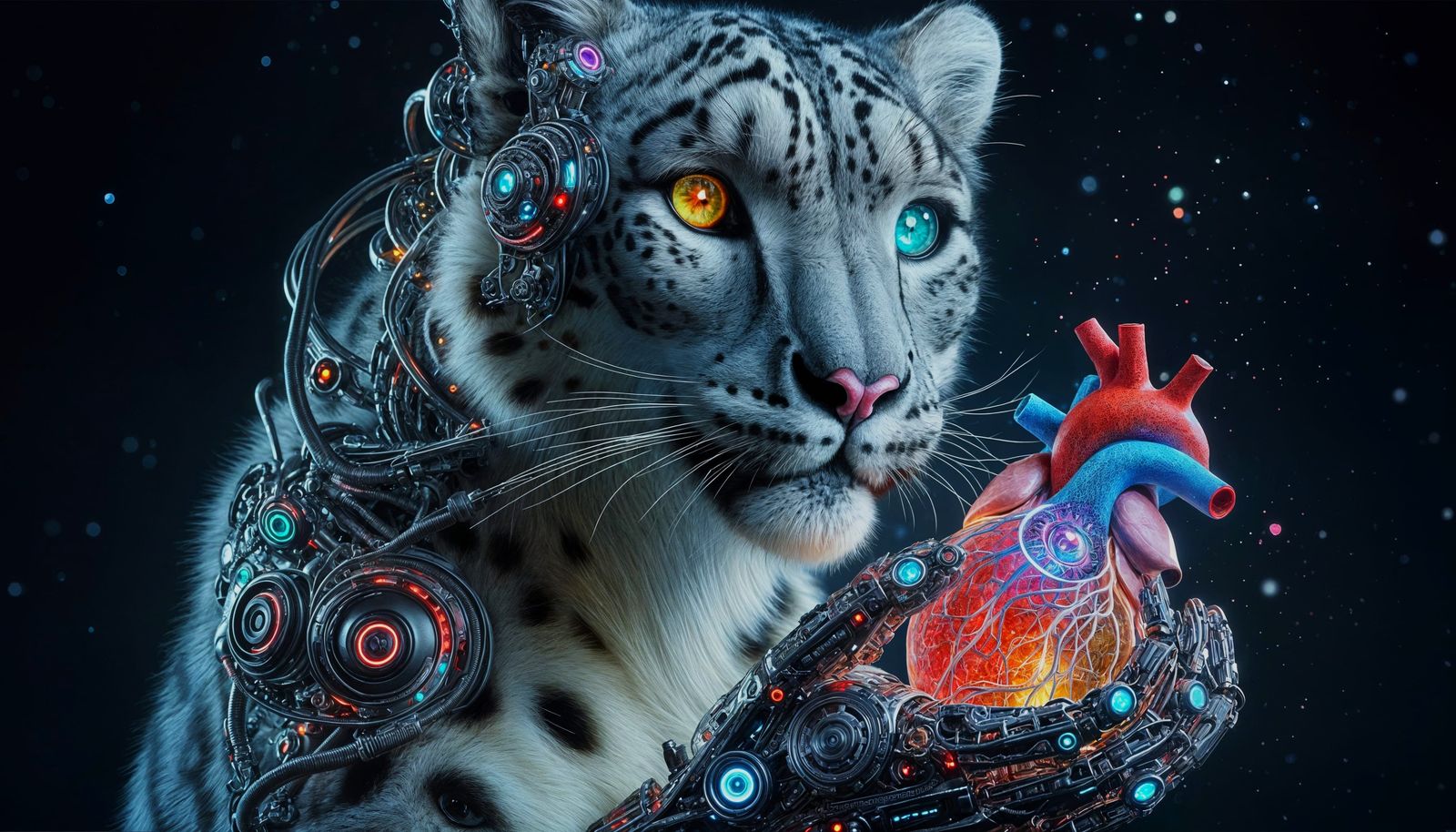Snow Leopard Cyborg holding his heart