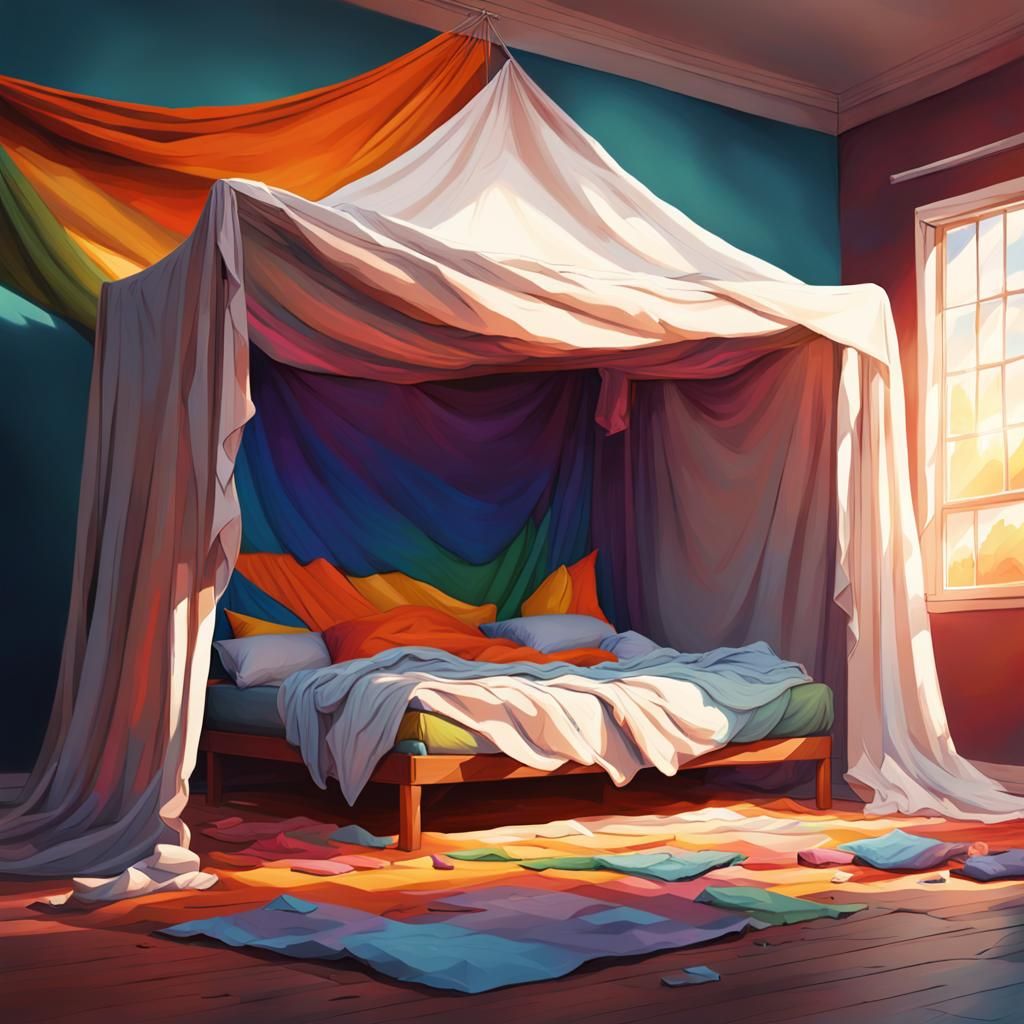 A blanket fort house made out of hanging bedsheets