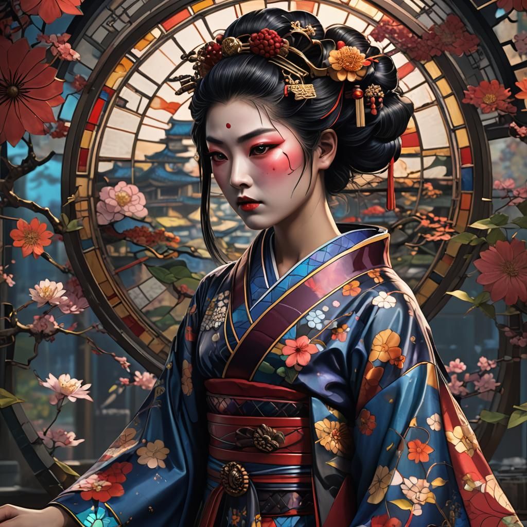 a sulky geisha who's skin is made out of stained glass