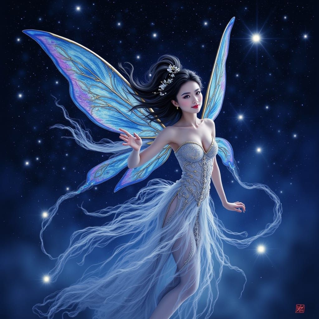 the Northern star fairy shining brightly in the night <lora:Calligraphy Style:1.0> sky