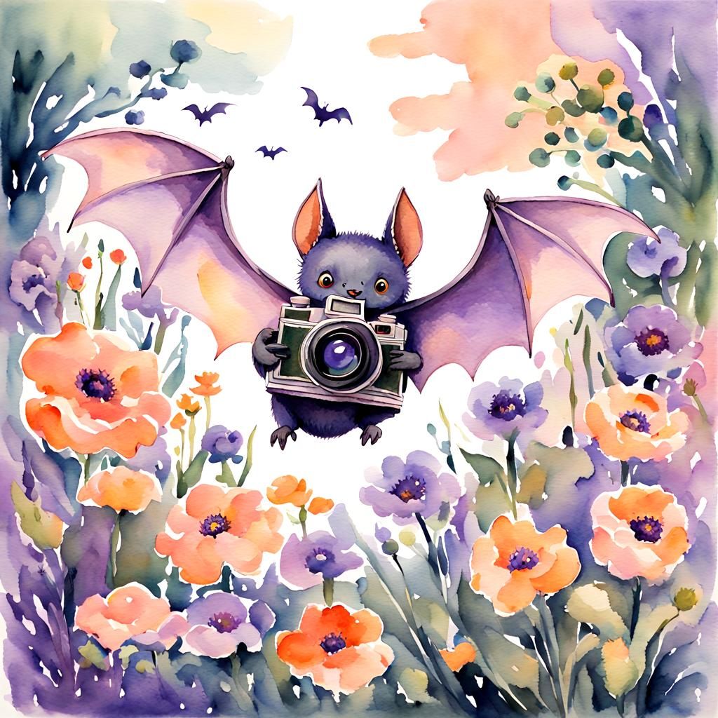 cartoon style sweetie bat flying with a camera in its paws in