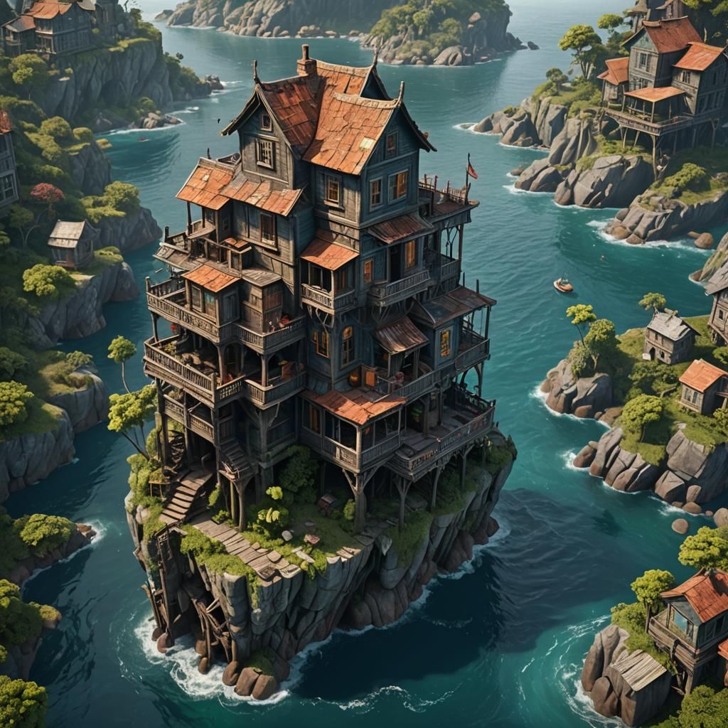 A multi-storey rickety old house on a tiny island in the mid...