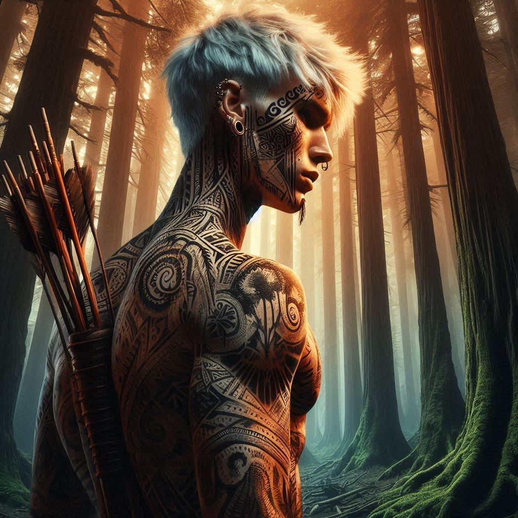 Tribal tattoo young barbarian in the forest