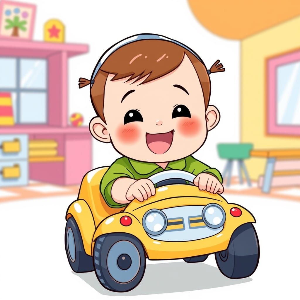 Adorable Ultra-Orthodox Boy Rides Toy Car in Vibrant Cartoon...