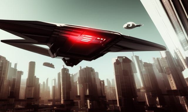 White and Red spaceship flying through a city, cyberpunk, day time, alien, otherworldly, science fiction