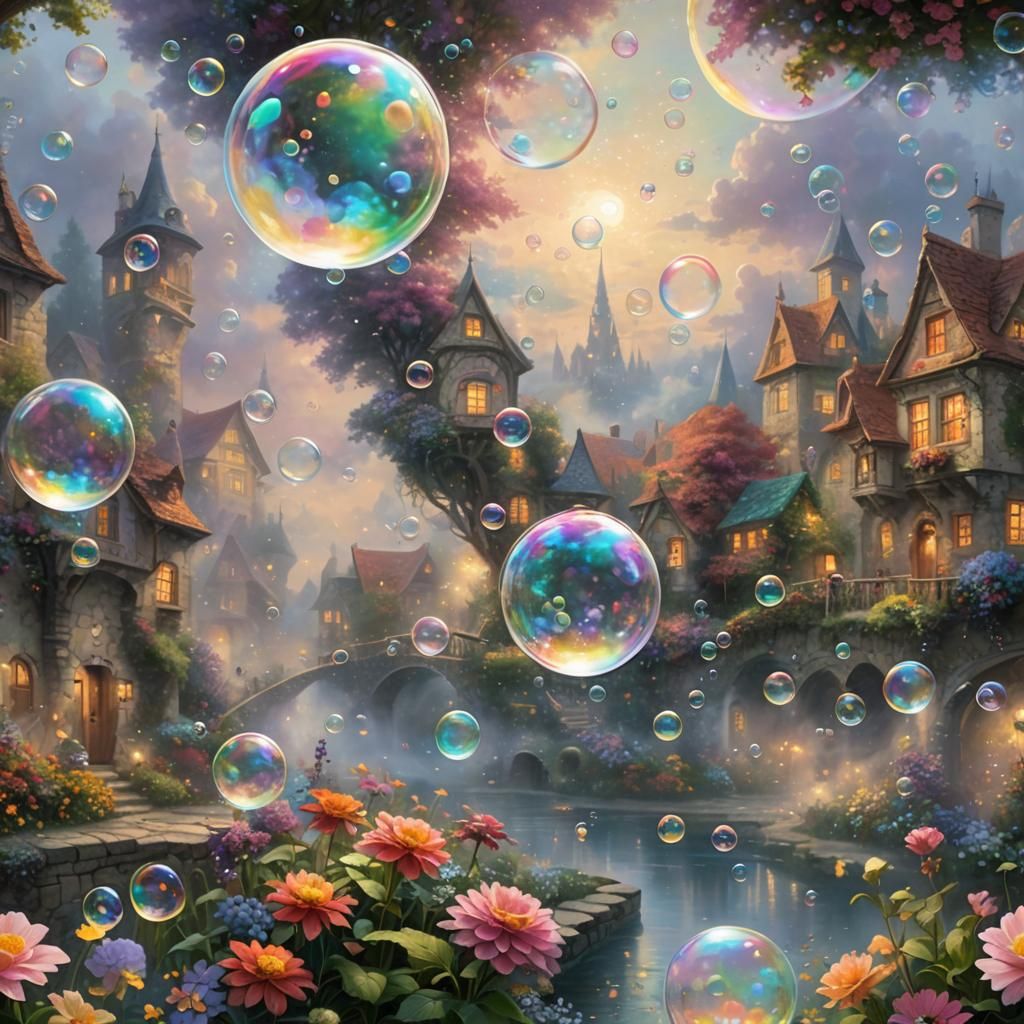 soap bubbles in different colors ans filled with flowers flo...