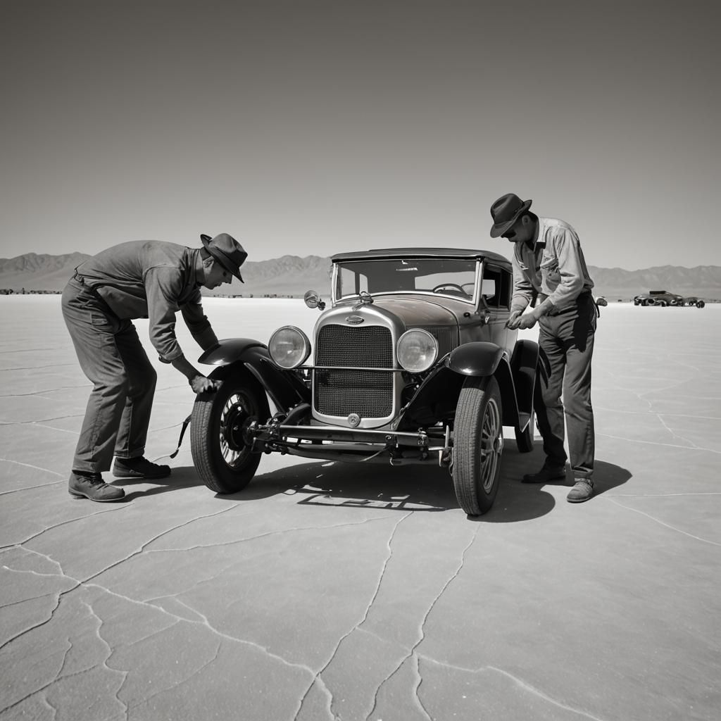 two auto mechanics preparing a Model A Ford for racing at the Bonneville salt flats, 1950