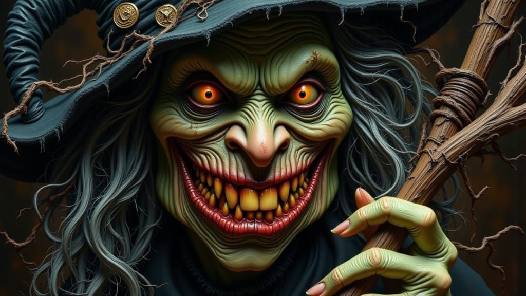 A grotesquely twisted, gnarled, and withered old witch, with a face resembling a desiccated, shrunken apple, distorted by age and malice, sp...