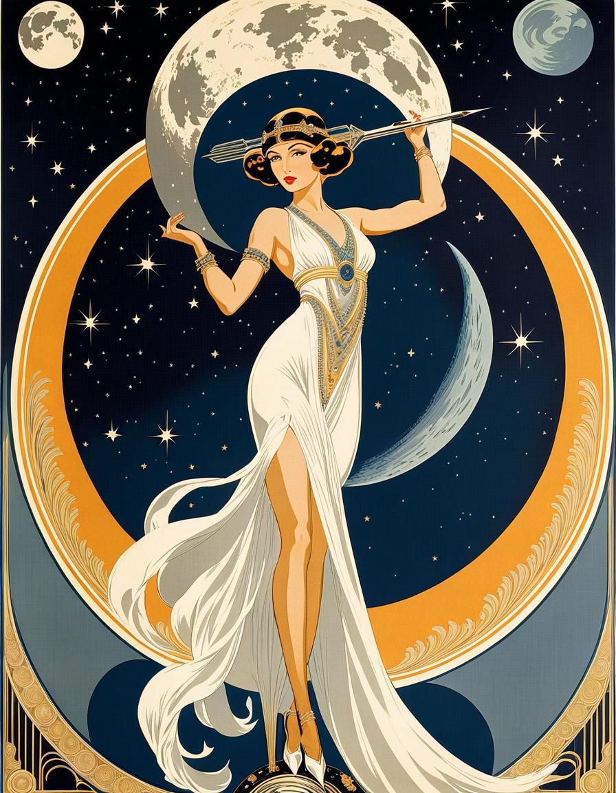 Art Deco style poster promoting a luxury restaurant on the Moon, circa 1920, by Erte and Mucha, must ...  by @Jorge