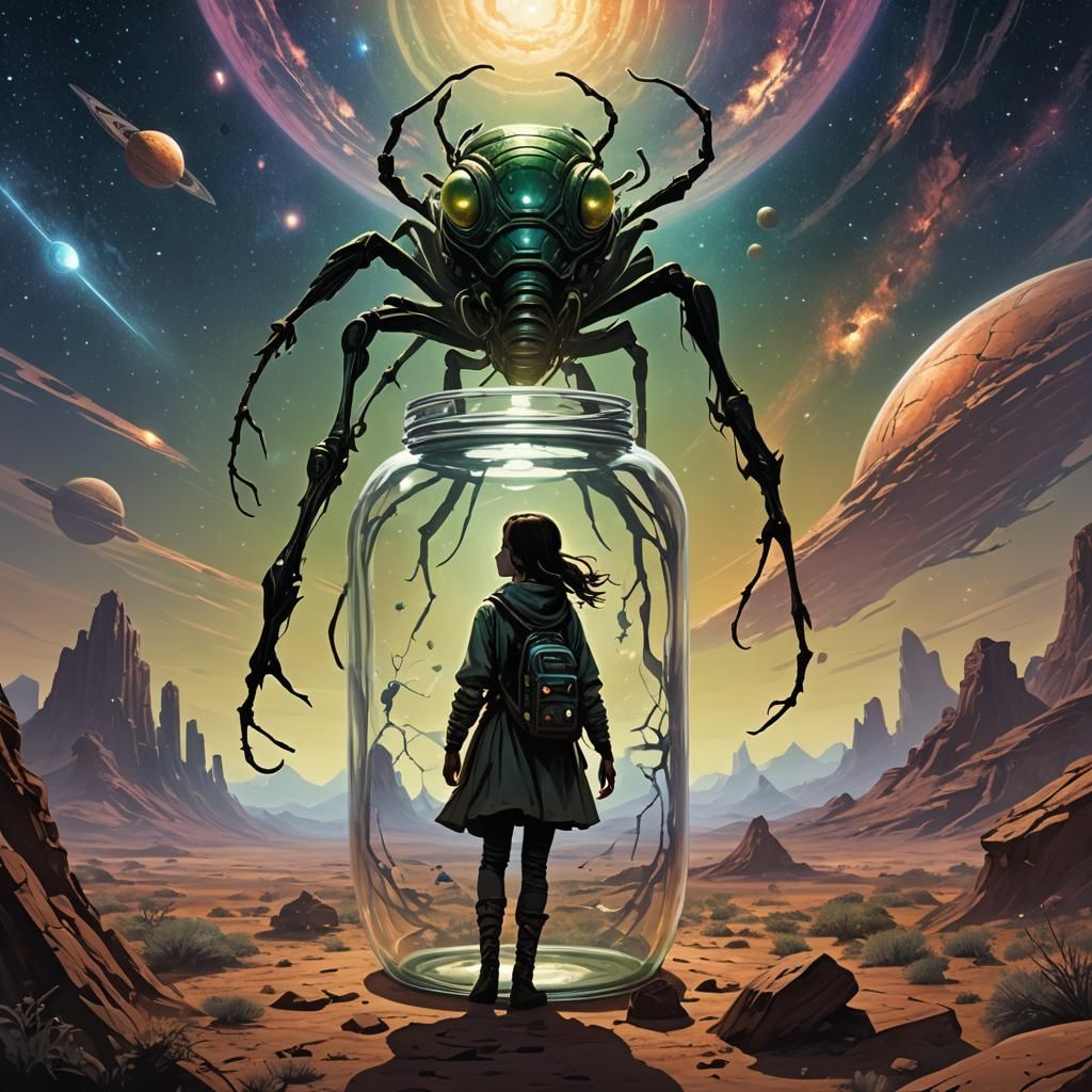 In a dark galaxy's vast expanse, the young explorer and her ...