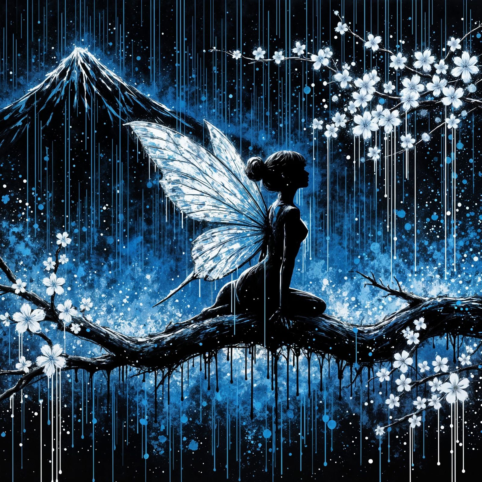 <lora:Splatter Art:1.0> Splattered impasto artwork of a rough outline of silhouette of a fairy with delicate crystal wings sitting on a tree...