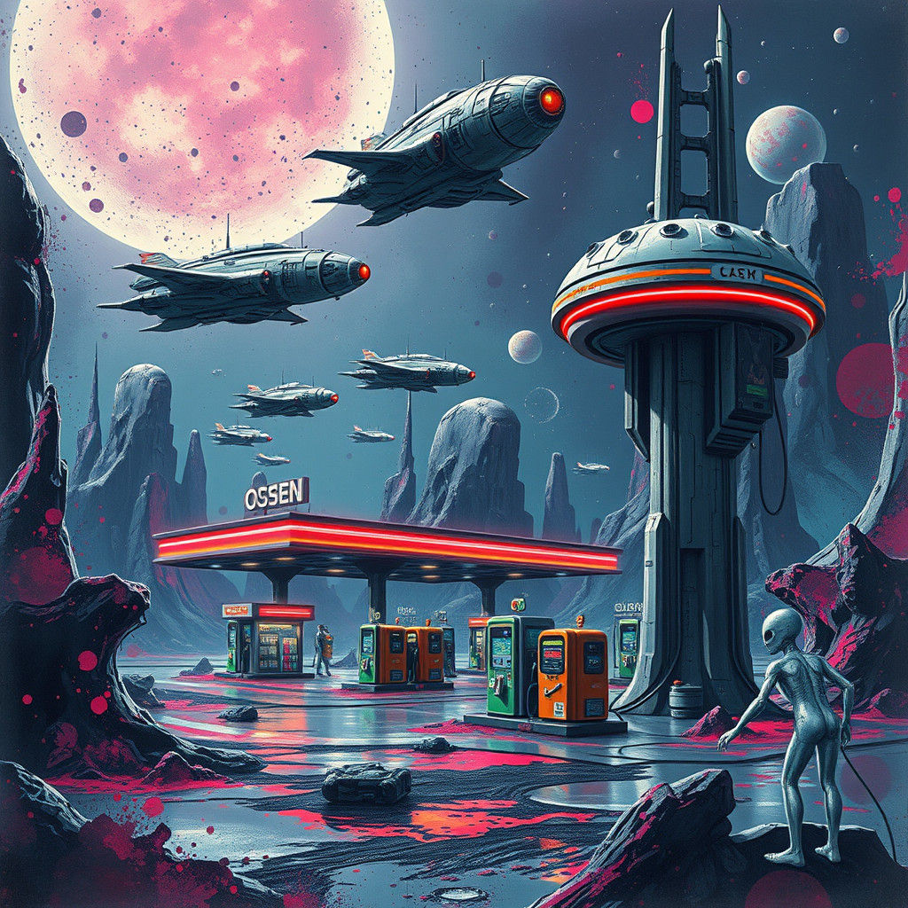 Alien gas station, ink splatter, gravity defiance, floating ships, aliens, futuristic, sci-fi concept ...  by @Omarito 