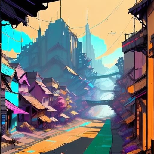 <lora:Vibrant Ink 1:1.0> City street on a sunny day, astral, bold vibrant colors