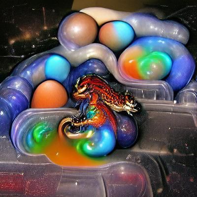 Multicolored  liquid dragon guarding its cosmic eggs