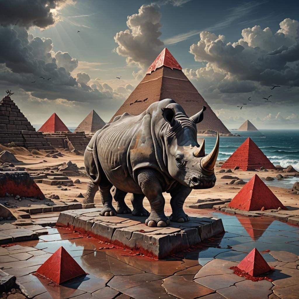 painting in the style of Cesare Reggiani with a rhinoceros s...