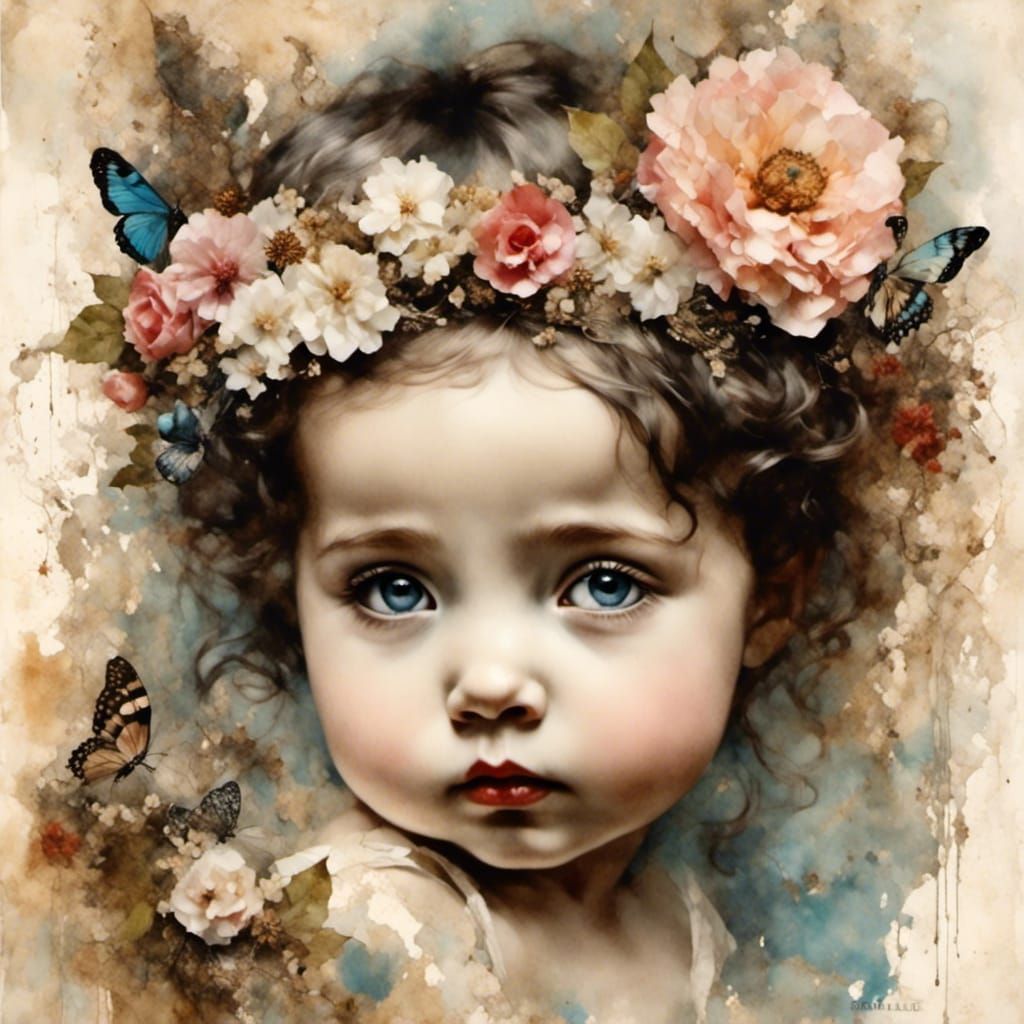 <lora:FolknMyth:1.0><lora:MixedMediaCollage:1.0> adorable beautiful biker baby