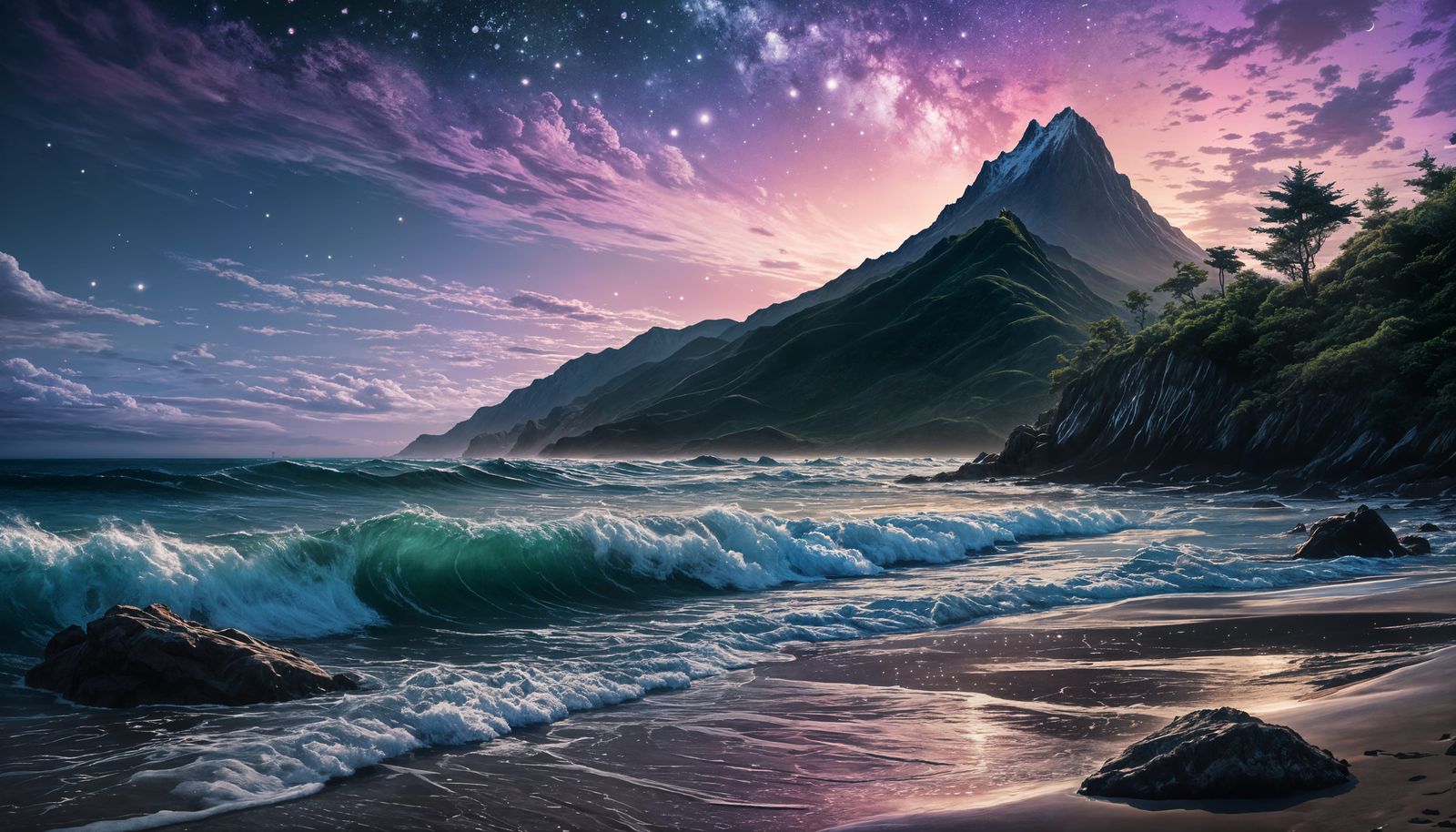 Twilight Ocean View with Holographic Stars
