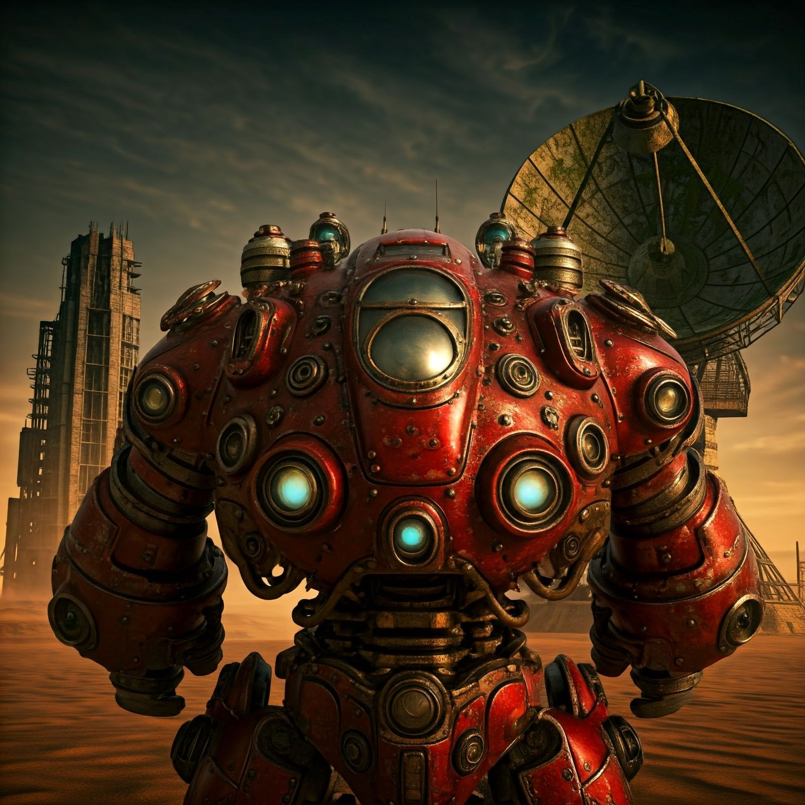 🤖⚙️🔩 🌇📡 A steampunk-inspired red mecha robot, postapocalyptic