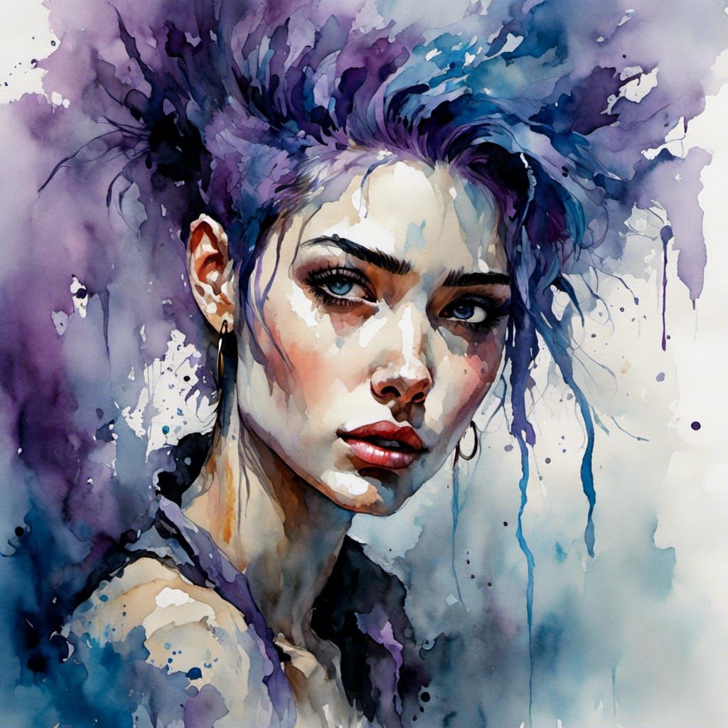 Portrait young woman with a happy facial expressions, spiked blue and purple  hair, modern European ink painting <lora:WatercolorSplash:1.0>