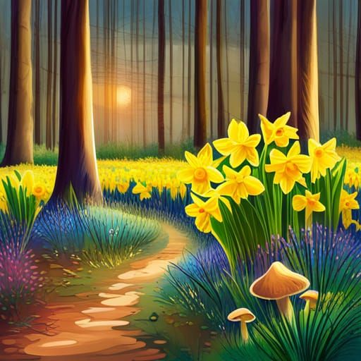 Daffodils and mushrooms growing in the woods on a spring day