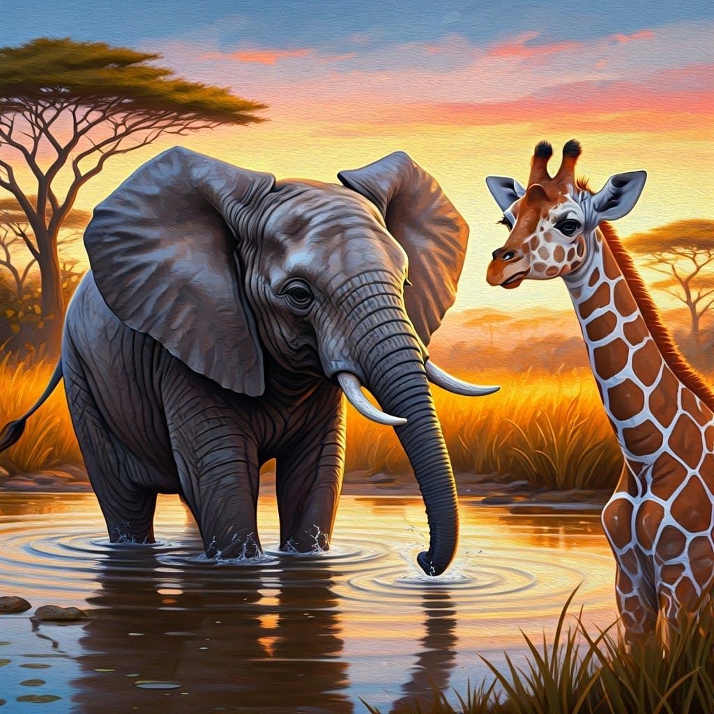 Savanna Sunset Friends - African Elephant and Giraffe at Pla...