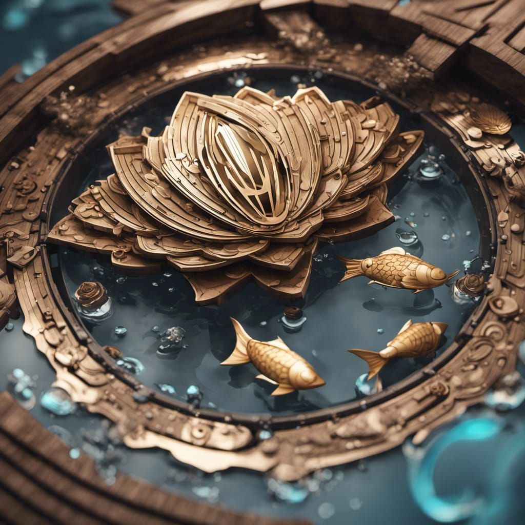 Fan, lotus, fish, water splashes, wooden, oriental