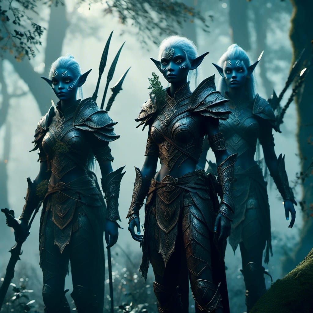 <lora:Ethnic Fantasy:1.0> a close-up of three Drow-elf warriors in a forest. Fantasy-art. 3D shading, Photo_realistic, sharp focus, octane...